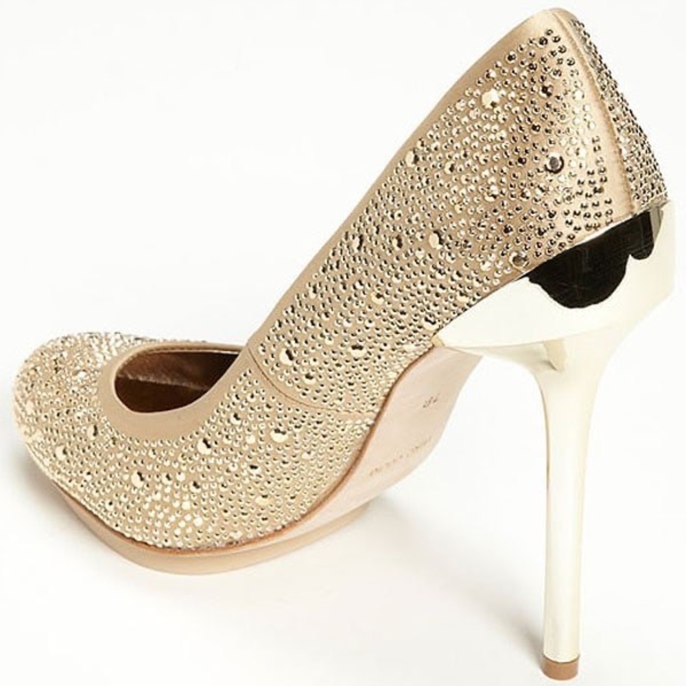 BCBG rhinestone studded gold pumps in champagne